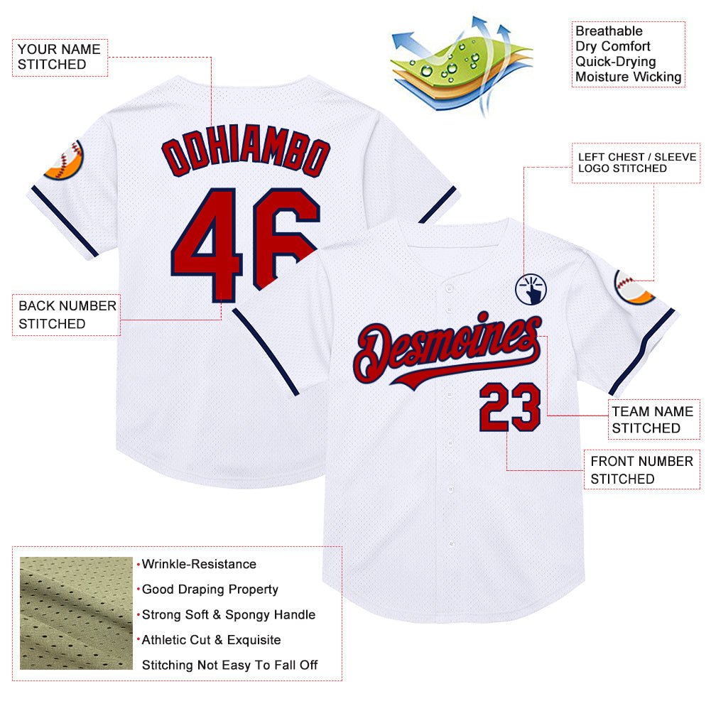 Custom White Red-Navy Mesh Authentic Throwback Baseball Jersey - Sky-Custom