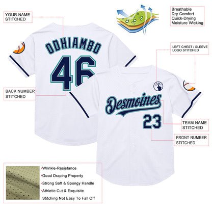 Custom White Navy Gray-Teal Mesh Authentic Throwback Baseball Jersey - Sky-Custom