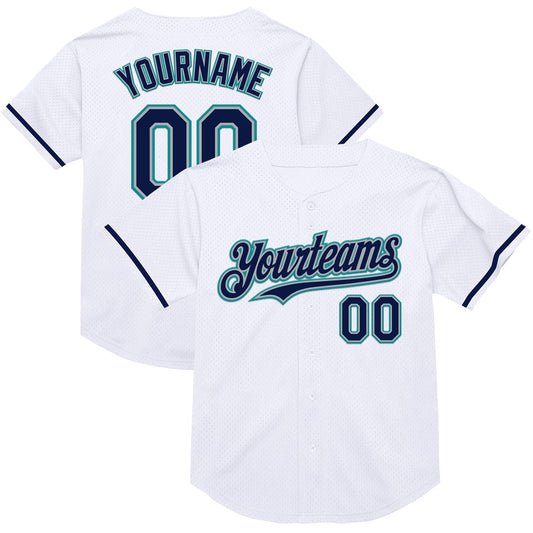 Custom White Navy Gray-Teal Mesh Authentic Throwback Baseball Jersey - Sky-Custom
