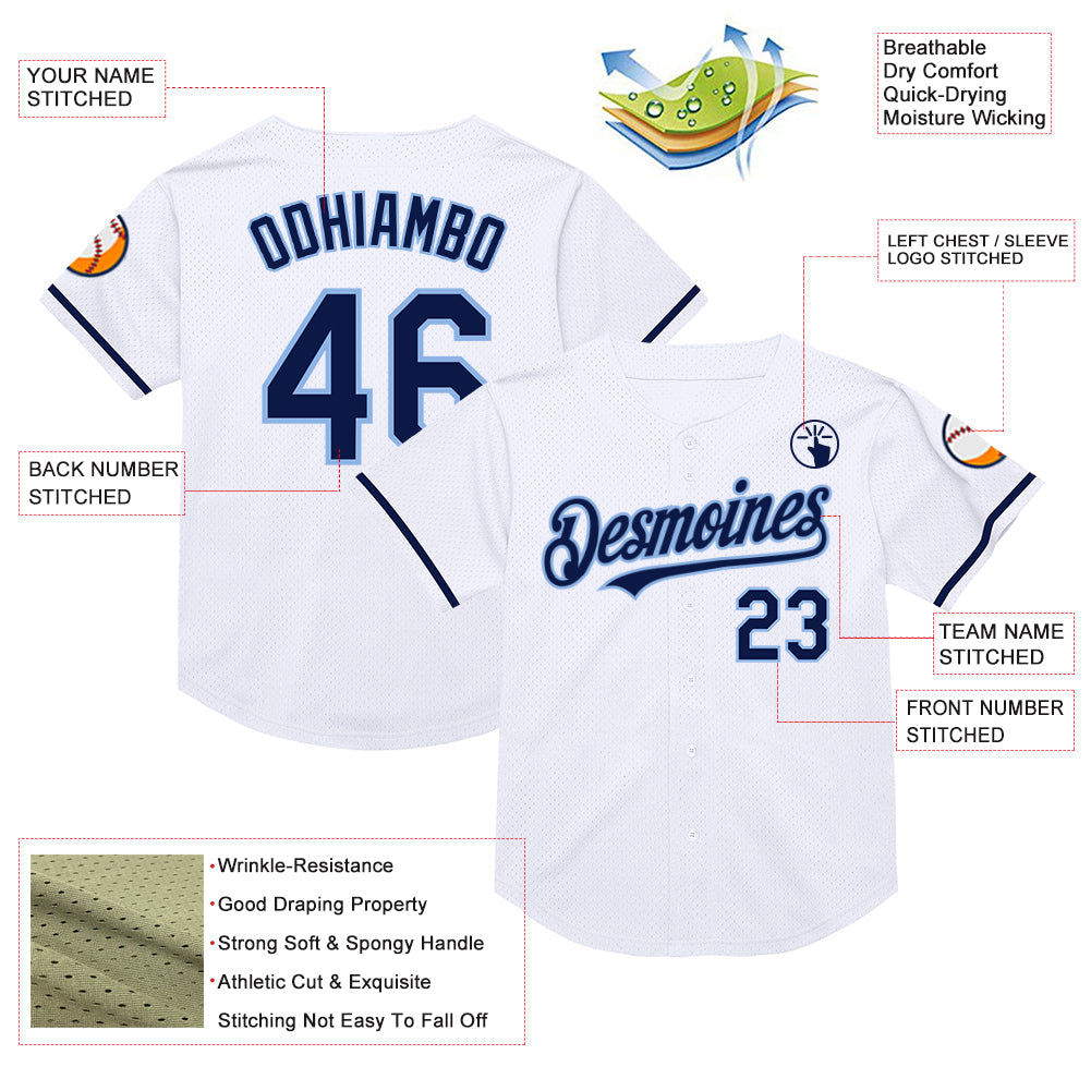 Custom White Navy-Light Blue Mesh Authentic Throwback Baseball Jersey - Sky-Custom
