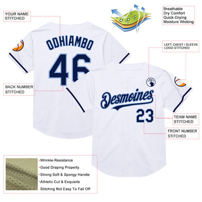 Custom White Navy-Light Blue Mesh Authentic Throwback Baseball Jersey - Sky-Custom