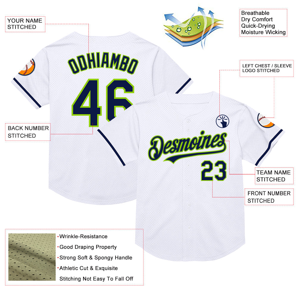Custom White Navy-Neon Green Mesh Authentic Throwback Baseball Jersey - Sky-Custom