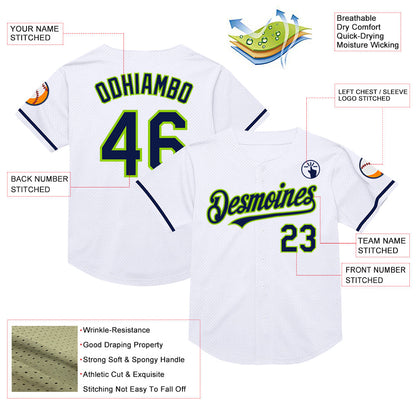 Custom White Navy-Neon Green Mesh Authentic Throwback Baseball Jersey - Sky-Custom