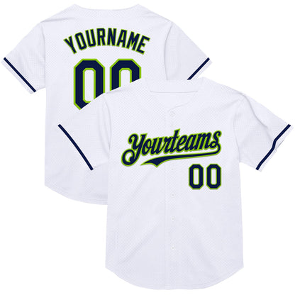 Custom White Navy-Neon Green Mesh Authentic Throwback Baseball Jersey - Sky-Custom