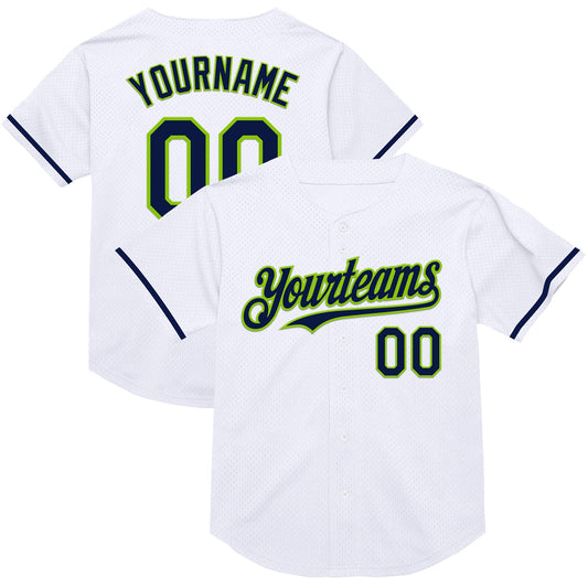 Custom White Navy-Neon Green Mesh Authentic Throwback Baseball Jersey - Sky-Custom