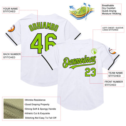 Custom White Neon Green-Black Mesh Authentic Throwback Baseball Jersey - Sky-Custom