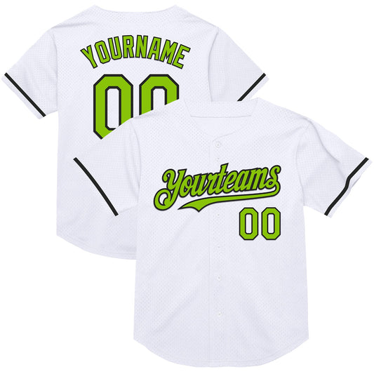Custom White Neon Green-Black Mesh Authentic Throwback Baseball Jersey - Sky-Custom