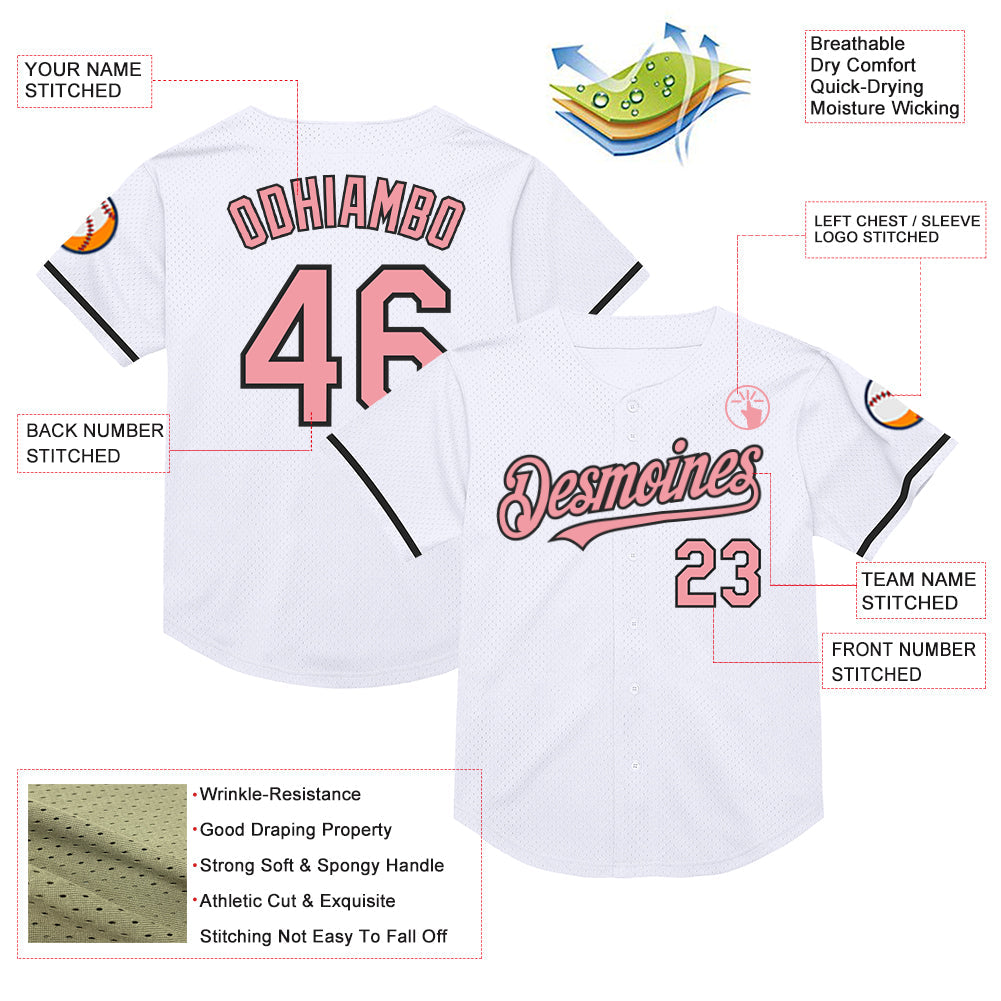 Custom White Medium Pink-Black Mesh Authentic Throwback Baseball Jersey - Sky-Custom