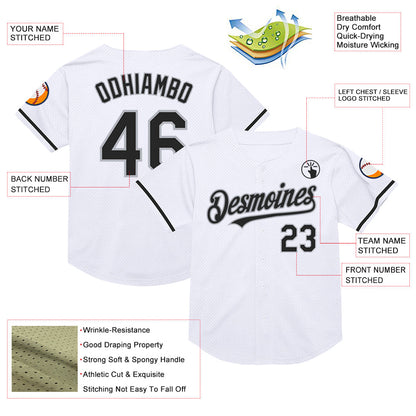 Custom White Black-Gray Mesh Authentic Throwback Baseball Jersey - Sky-Custom