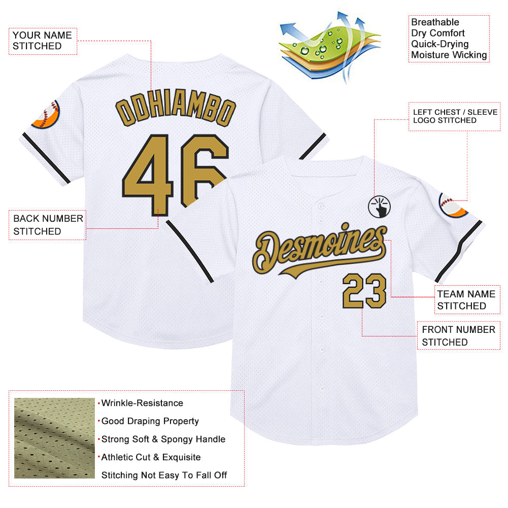 Custom White Old Gold-Black Mesh Authentic Throwback Baseball Jersey - Sky-Custom