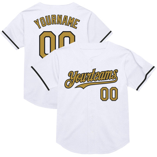 Custom White Old Gold-Black Mesh Authentic Throwback Baseball Jersey - Sky-Custom