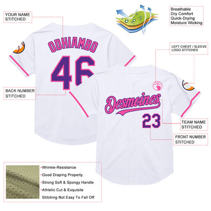 Custom White Purple-Pink Mesh Authentic Throwback Baseball Jersey - Sky-Custom