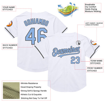 Custom White Light Blue-Steel Gray Mesh Authentic Throwback Baseball Jersey - Sky-Custom