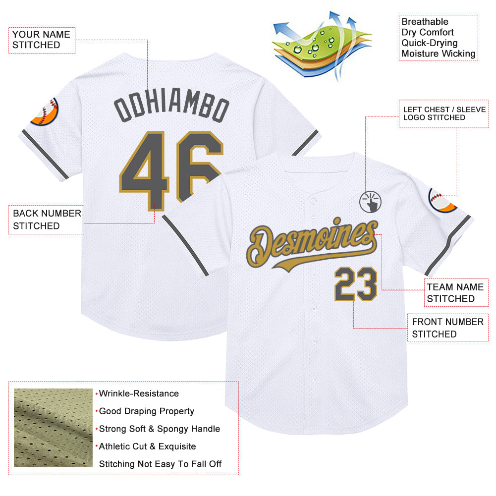 Custom White Steel Gray-Old Gold Mesh Authentic Throwback Baseball Jersey - Sky-Custom