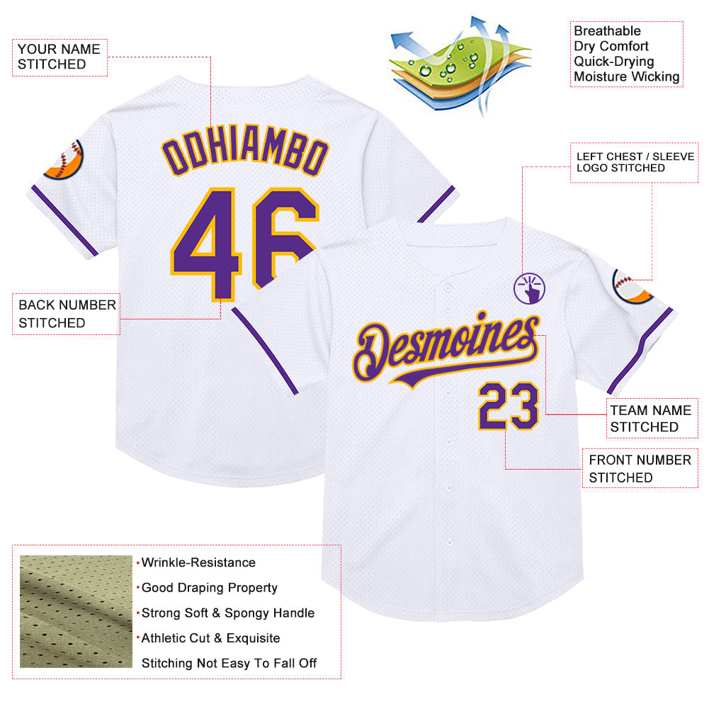 Custom White Purple-Gold Mesh Authentic Throwback Baseball Jersey - Sky-Custom