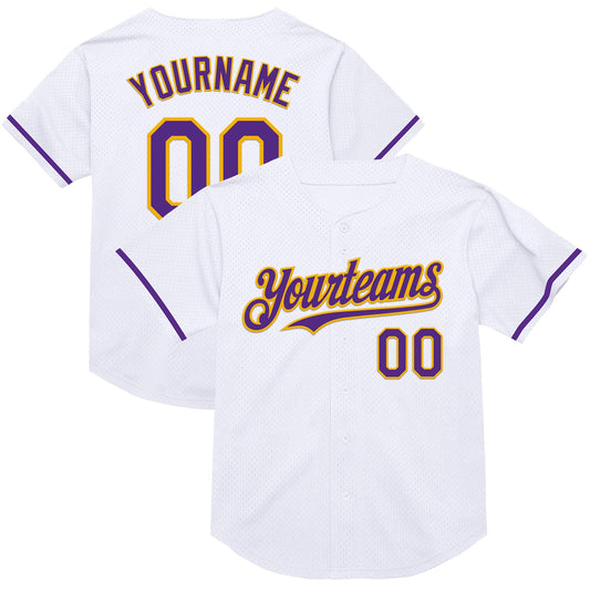 Custom White Purple-Gold Mesh Authentic Throwback Baseball Jersey - Sky-Custom