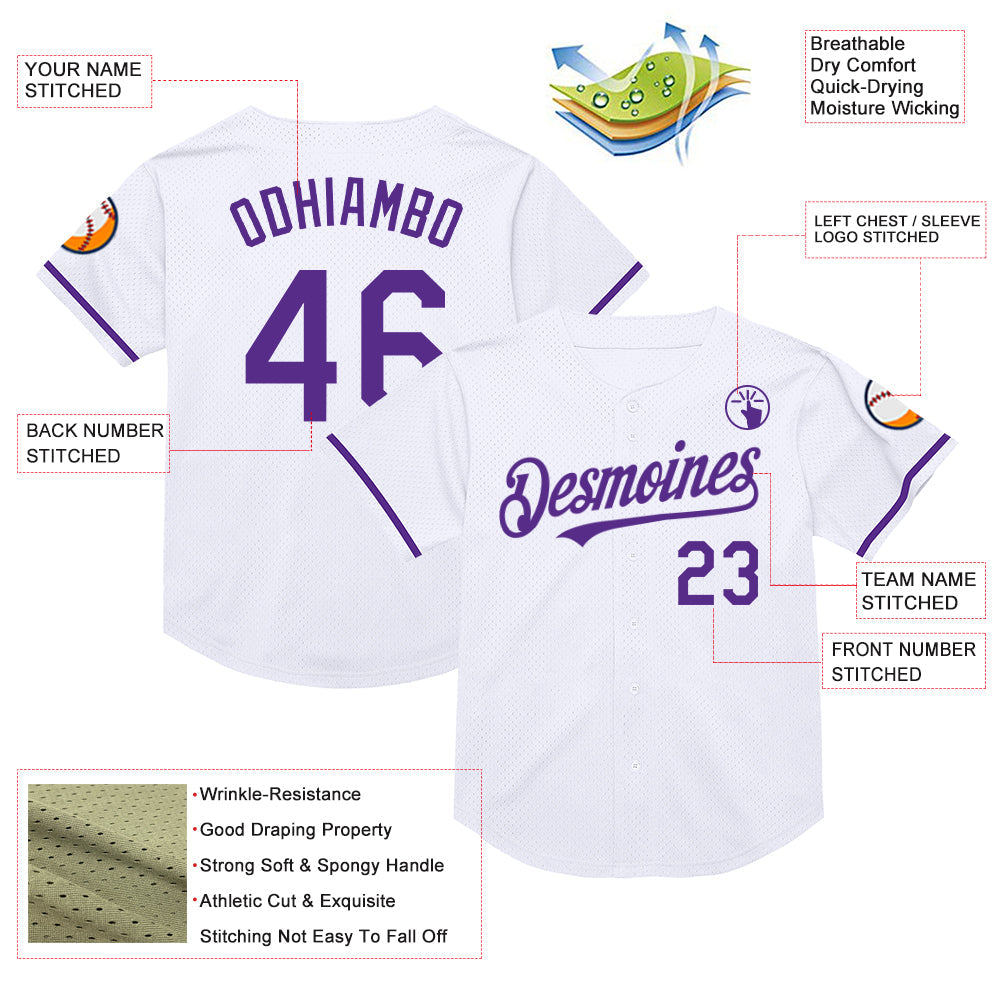 Custom White Purple Mesh Authentic Throwback Baseball Jersey - Sky-Custom