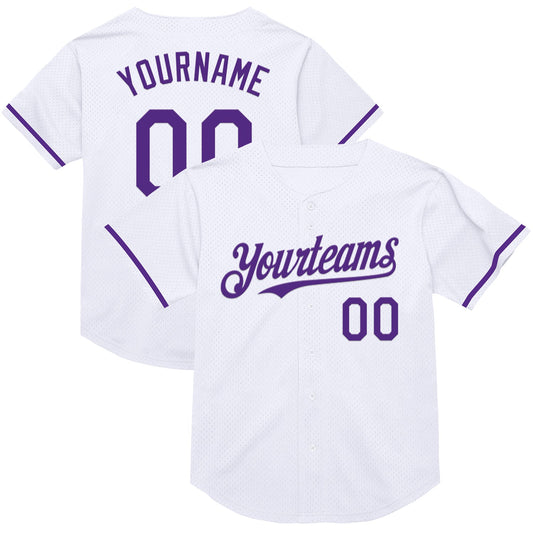 Custom White Purple Mesh Authentic Throwback Baseball Jersey - Sky-Custom