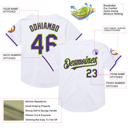 Custom White Purple-Neon Green Mesh Authentic Throwback Baseball Jersey - Sky-Custom