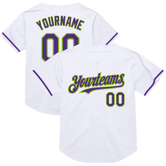 Custom White Purple-Neon Green Mesh Authentic Throwback Baseball Jersey - Sky-Custom