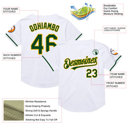 Custom White Green-Gold Mesh Authentic Throwback Baseball Jersey - Sky-Custom
