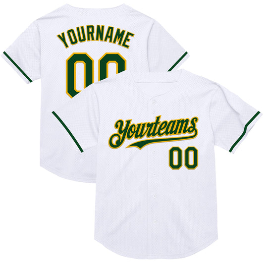 Custom White Green-Gold Mesh Authentic Throwback Baseball Jersey - Sky-Custom
