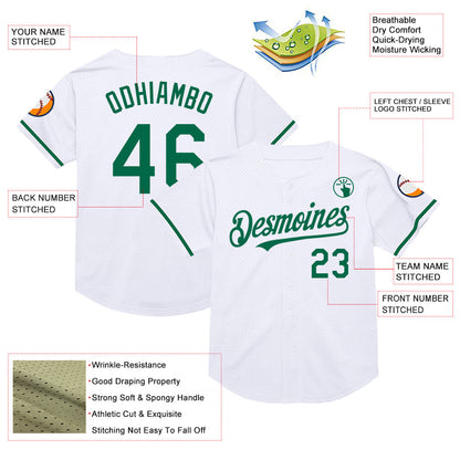 Custom White Kelly Green Mesh Authentic Throwback Baseball Jersey - Sky-Custom