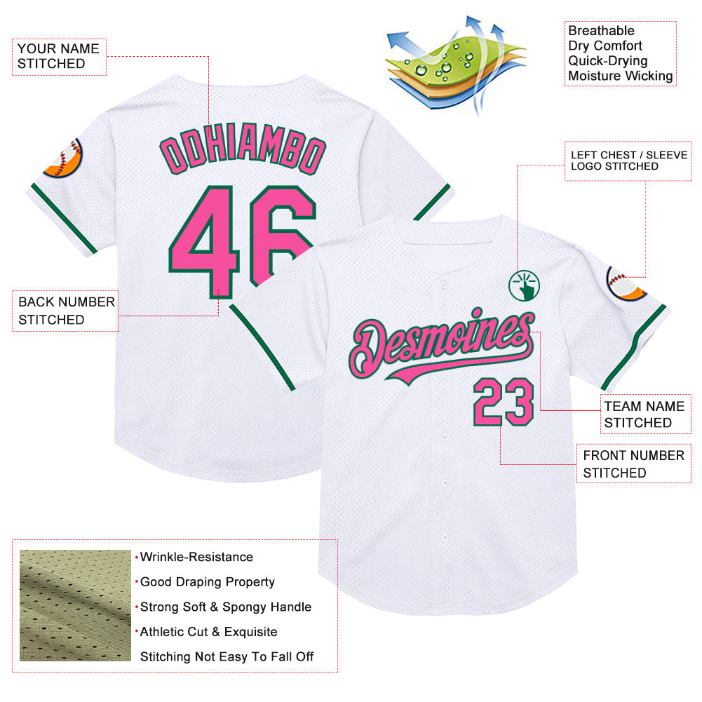 Custom White Pink-Kelly Green Mesh Authentic Throwback Baseball Jersey - Sky-Custom