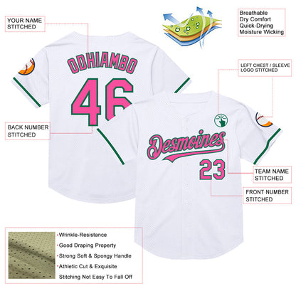 Custom White Pink-Kelly Green Mesh Authentic Throwback Baseball Jersey - Sky-Custom