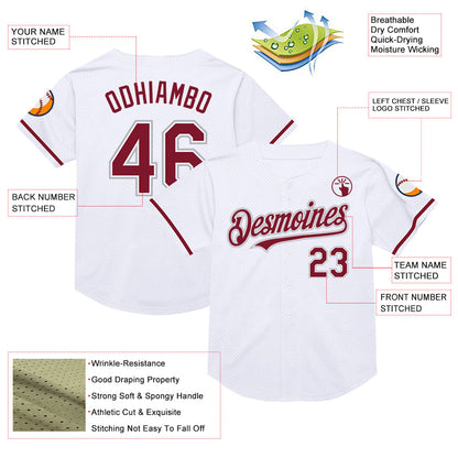 Custom White Crimson-Gray Mesh Authentic Throwback Baseball Jersey - Sky-Custom