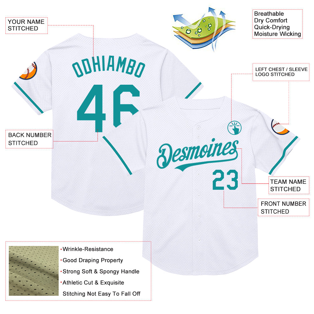 Custom White Teal Mesh Authentic Throwback Baseball Jersey - Sky-Custom