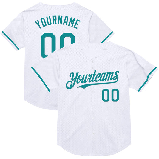 Custom White Teal Mesh Authentic Throwback Baseball Jersey - Sky-Custom