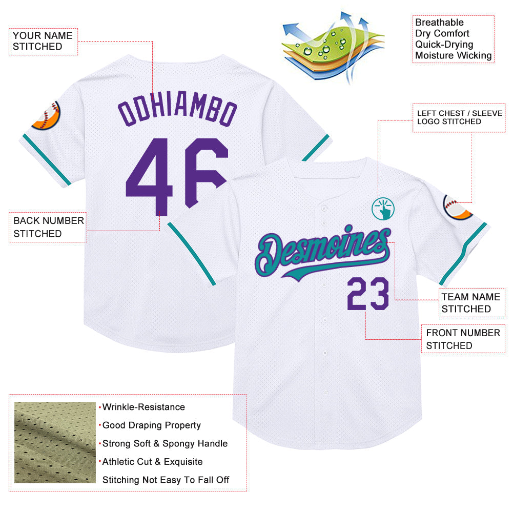 Custom White Purple-Teal Mesh Authentic Throwback Baseball Jersey - Sky-Custom