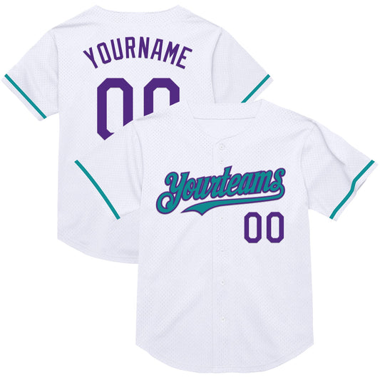 Custom White Purple-Teal Mesh Authentic Throwback Baseball Jersey - Sky-Custom