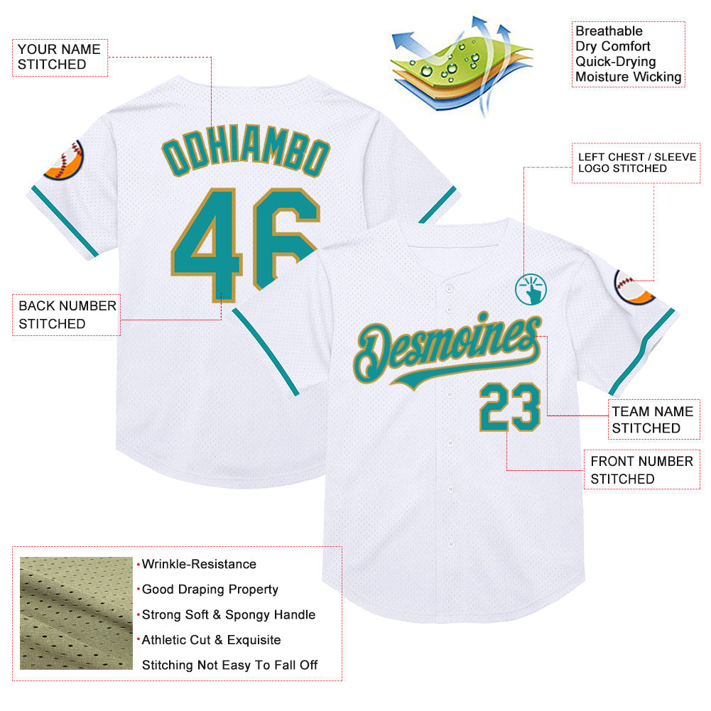 Custom White Teal-Old Gold Mesh Authentic Throwback Baseball Jersey - Sky-Custom