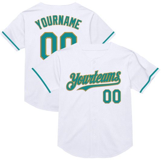 Custom White Teal-Old Gold Mesh Authentic Throwback Baseball Jersey - Sky-Custom