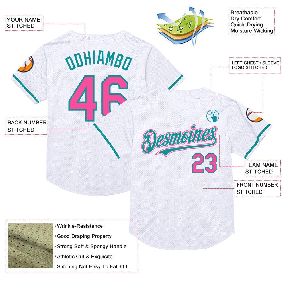 Custom White Pink-Teal Mesh Authentic Throwback Baseball Jersey - Sky-Custom