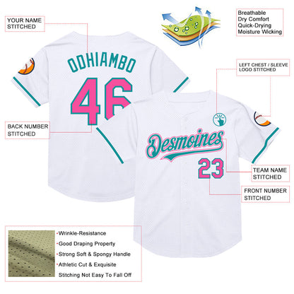 Custom White Pink-Teal Mesh Authentic Throwback Baseball Jersey - Sky-Custom
