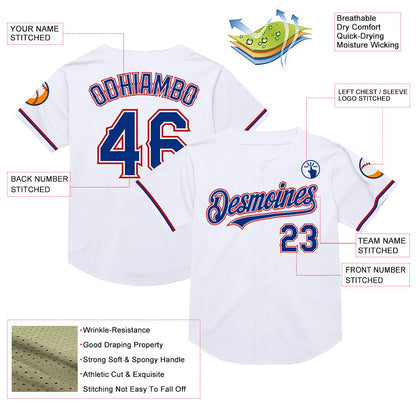 Custom White Royal-Red Mesh Authentic Throwback Baseball Jersey - Sky-Custom
