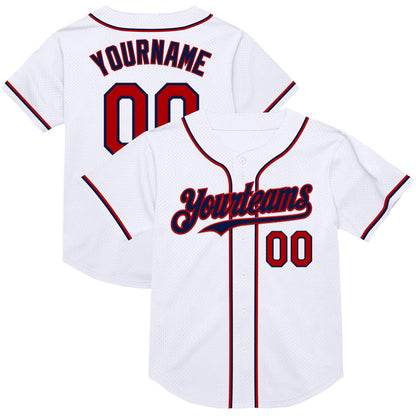 Custom White Red-Navy Mesh Authentic Throwback Baseball Jersey - Sky-Custom