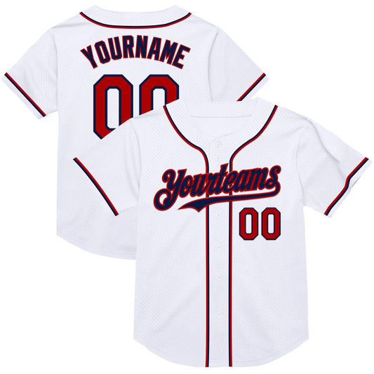 Custom White Red-Navy Mesh Authentic Throwback Baseball Jersey - Sky-Custom