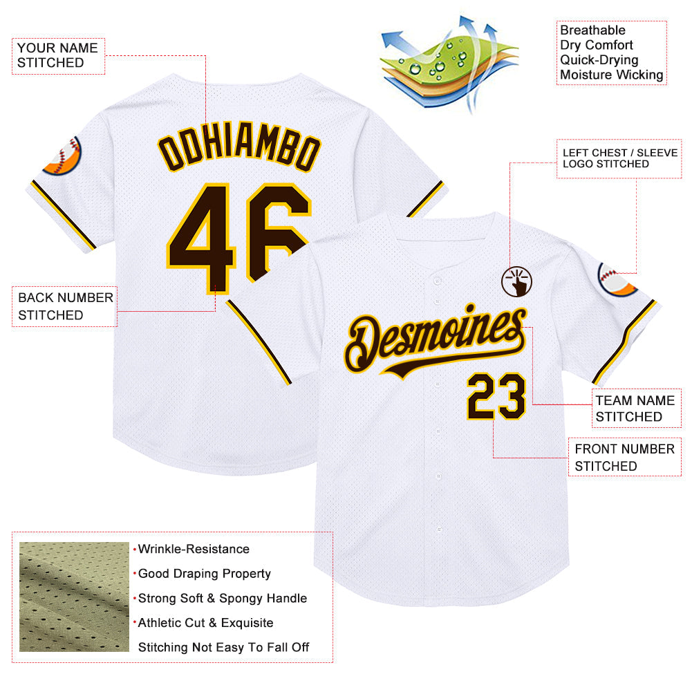 Custom White Brown-Yellow Mesh Authentic Throwback Baseball Jersey - Sky-Custom
