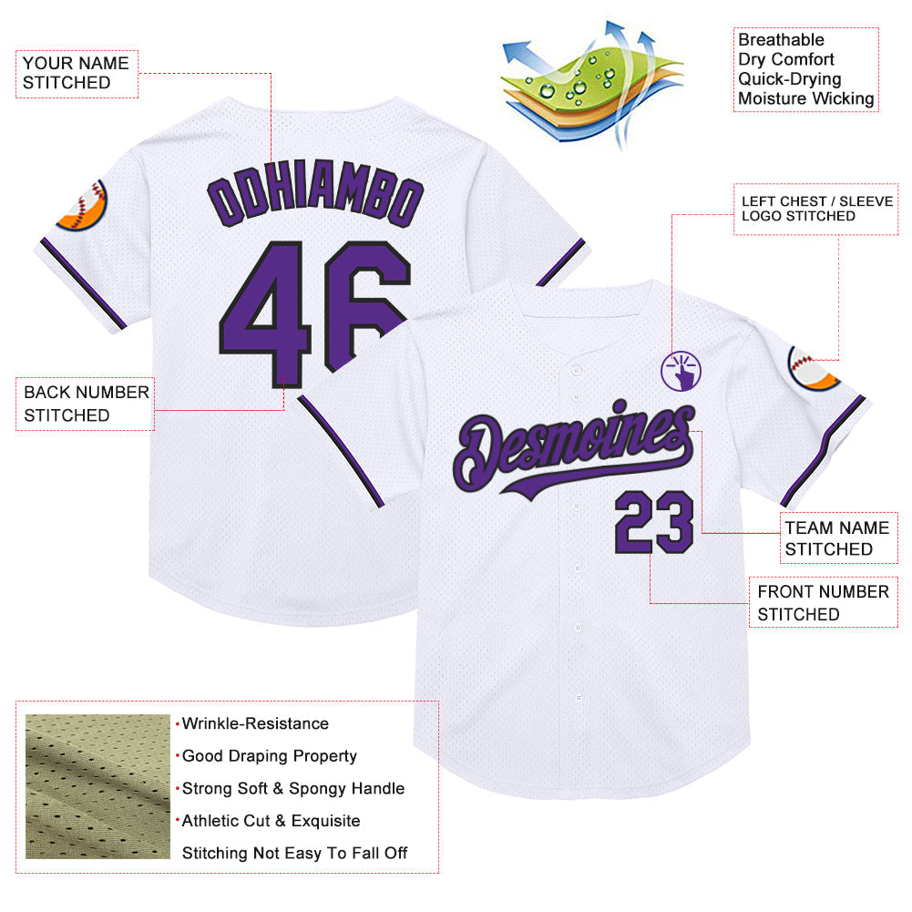 Custom White Purple-Black Mesh Authentic Throwback Baseball Jersey - Sky-Custom