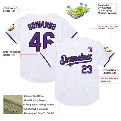 Custom White Purple-Black Mesh Authentic Throwback Baseball Jersey - Sky-Custom