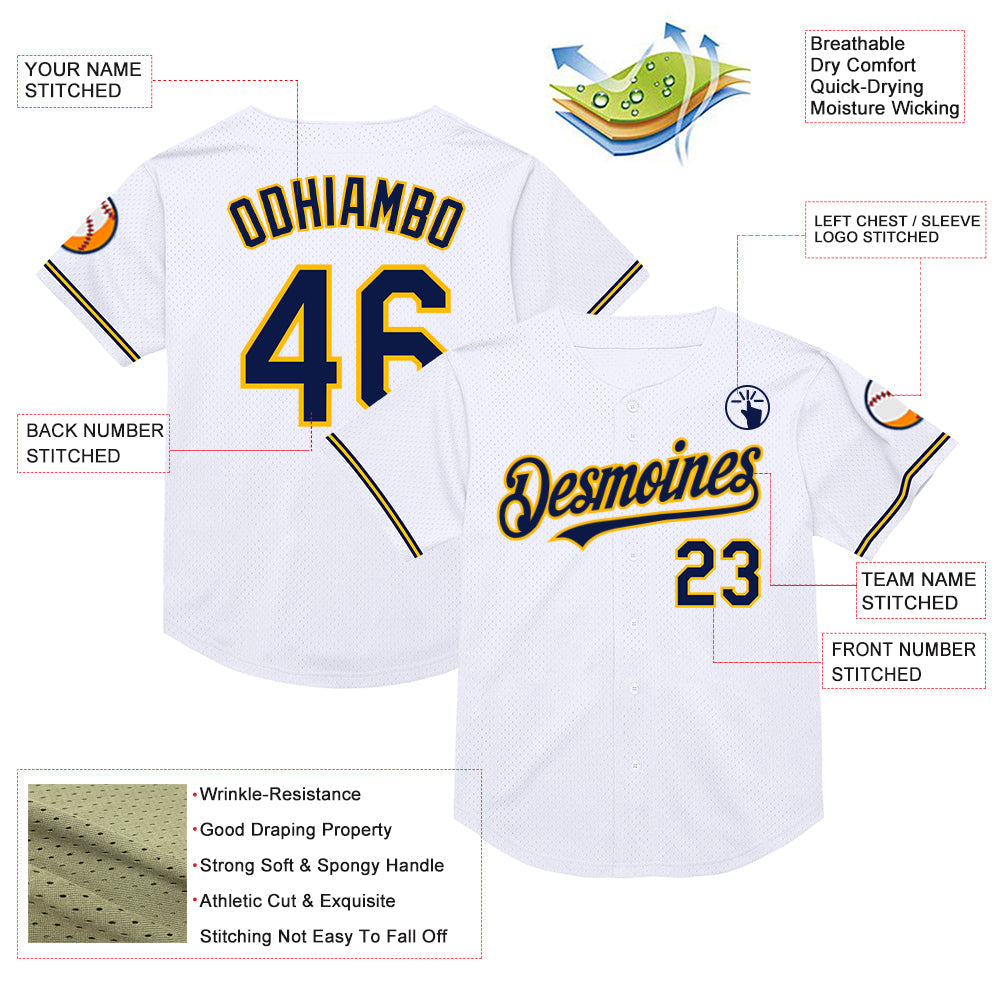 Custom White Navy-Gold Mesh Authentic Throwback Baseball Jersey - Sky-Custom