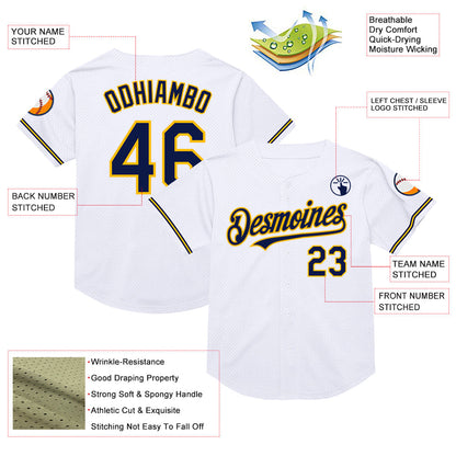 Custom White Navy-Gold Mesh Authentic Throwback Baseball Jersey - Sky-Custom