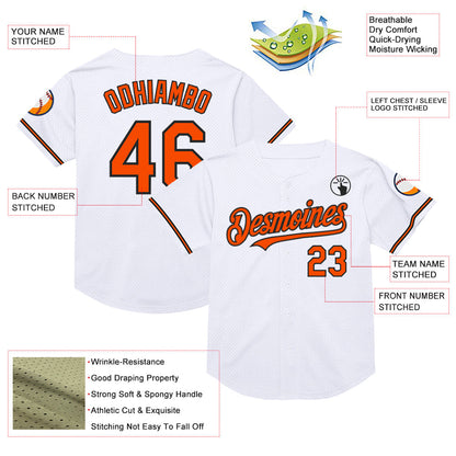 Custom White Orange-Black Mesh Authentic Throwback Baseball Jersey - Sky-Custom