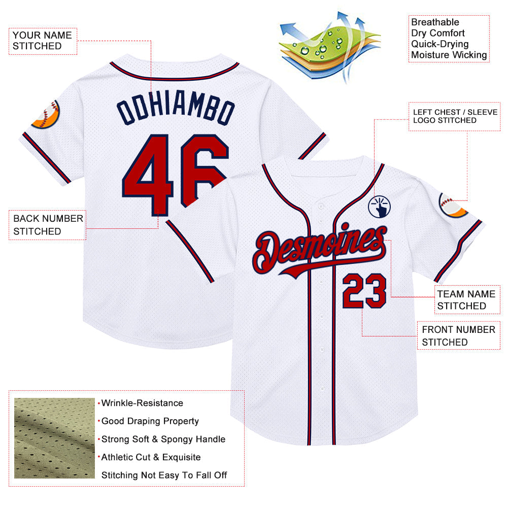 Custom White Red-Navy Mesh Authentic Throwback Baseball Jersey - Sky-Custom