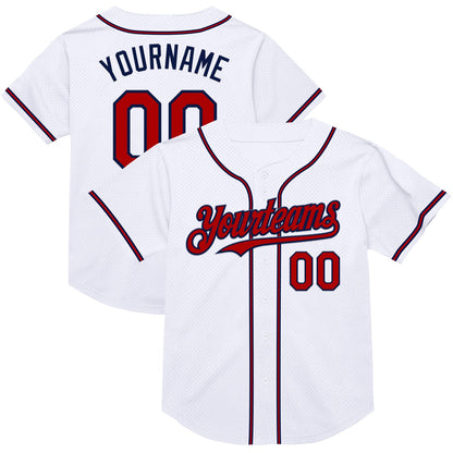 Custom White Red-Navy Mesh Authentic Throwback Baseball Jersey - Sky-Custom