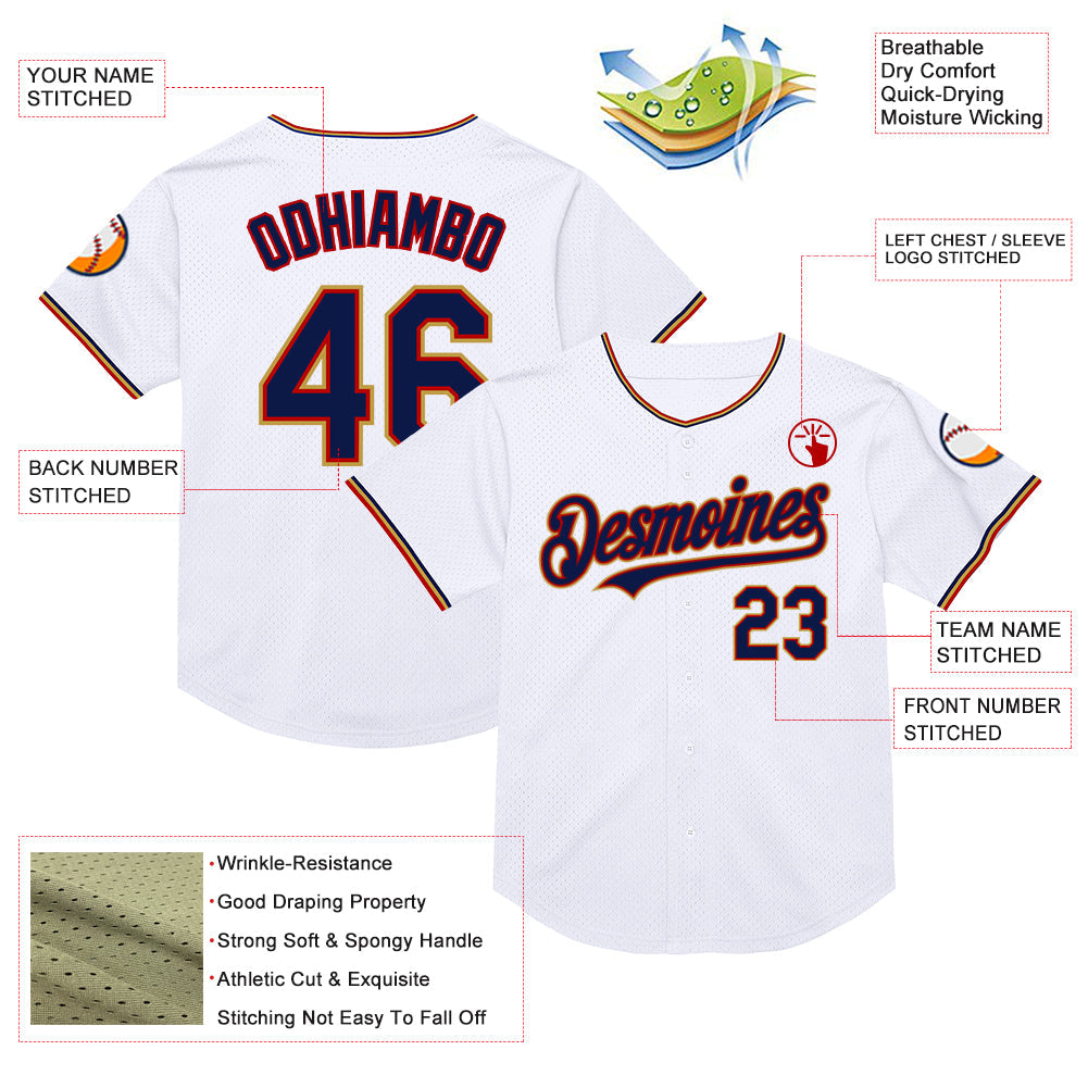 Custom White Navy Red-Old Gold Mesh Authentic Throwback Baseball Jersey - Sky-Custom